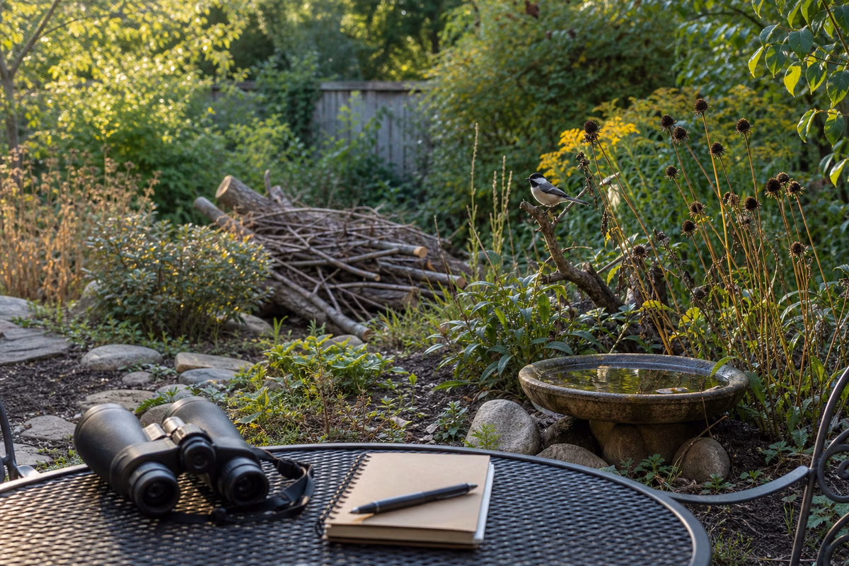 A backyard bird habitat with native shrubs, a shallow bird bath, brush pile, binoculars, and field notes