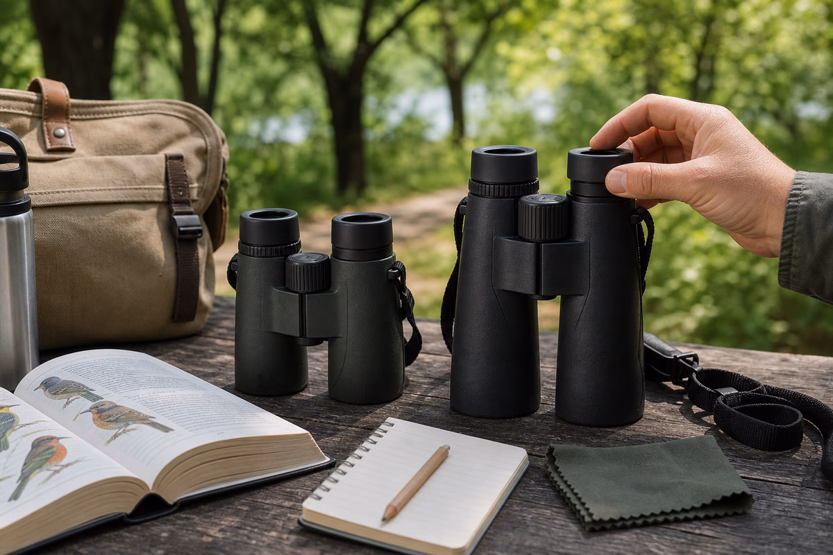 Birding binoculars, a field guide, notebook, pencil, and lens cloth set out on a park-side table