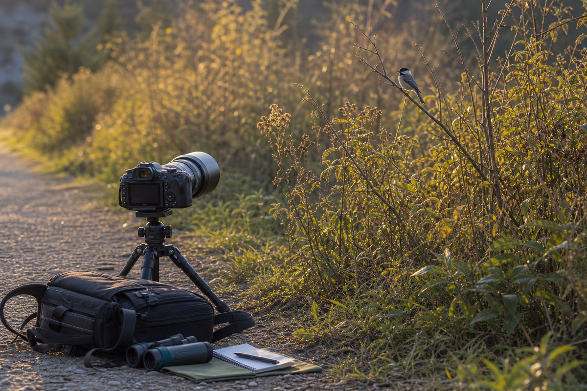 A bird photography setup with a telephoto camera, binoculars, notebook, and a distant bird in warm side light