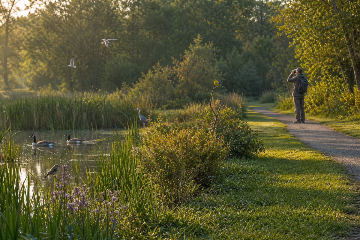 A birding route with pond reeds, open lawn, shrubs, tree line, and a path showing several habitat edges
